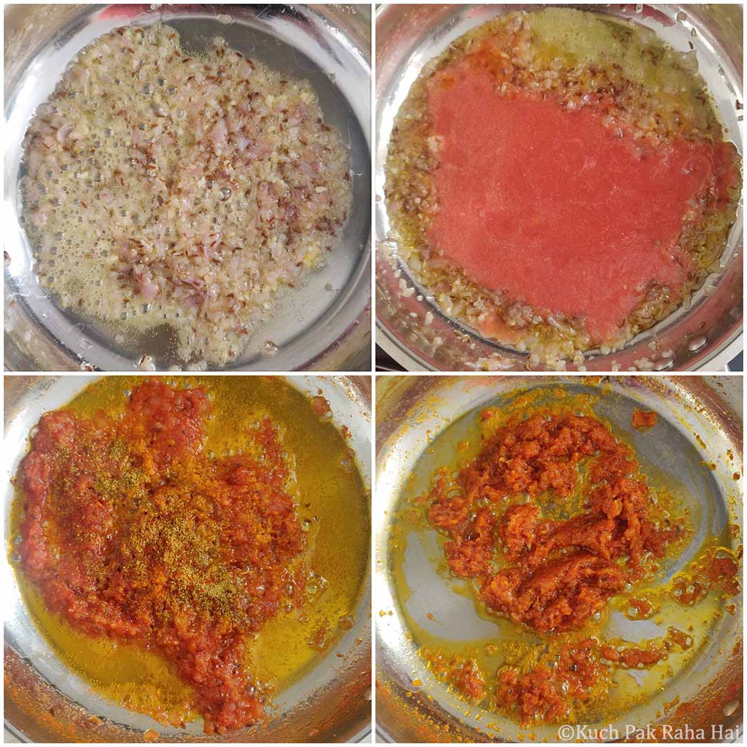 Cooking onion tomato masala mixture.