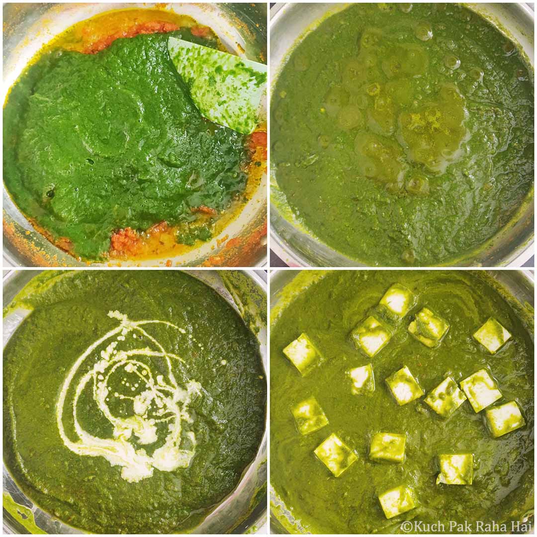 Adding paneer cubes & cream to palak sauce.