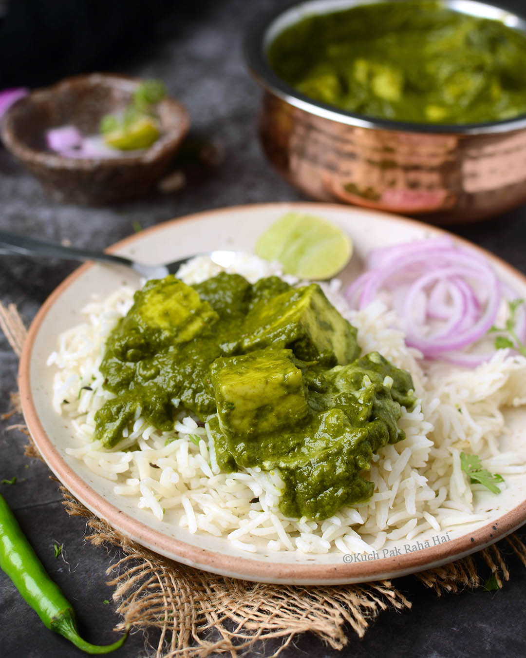 Palak Paneer served with steamed rice & onion rings.