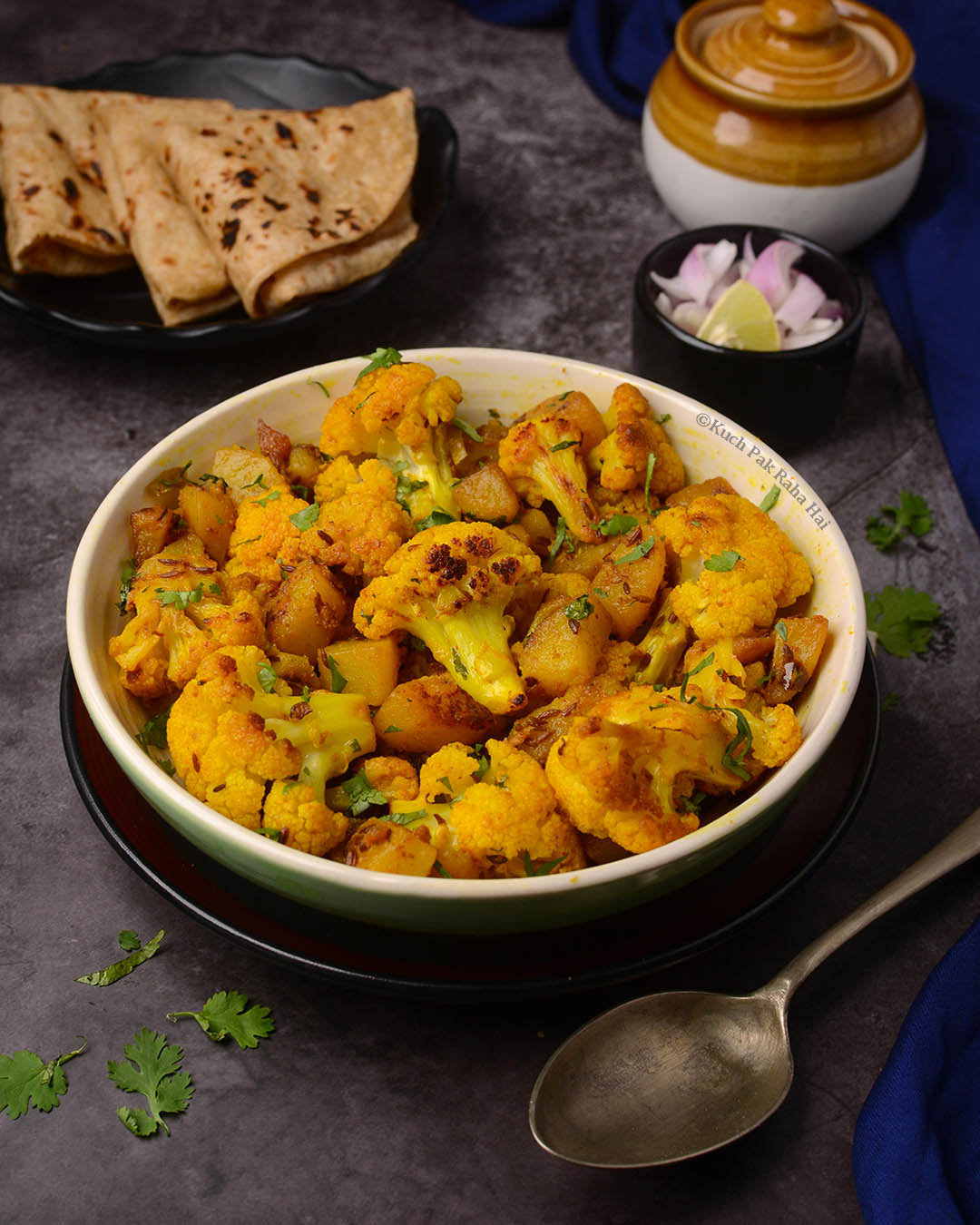 Indian Aloo Gobhi served with chapati.