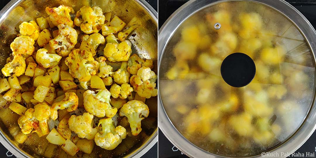Mixing spices in aloo gobhi & covering with lid.