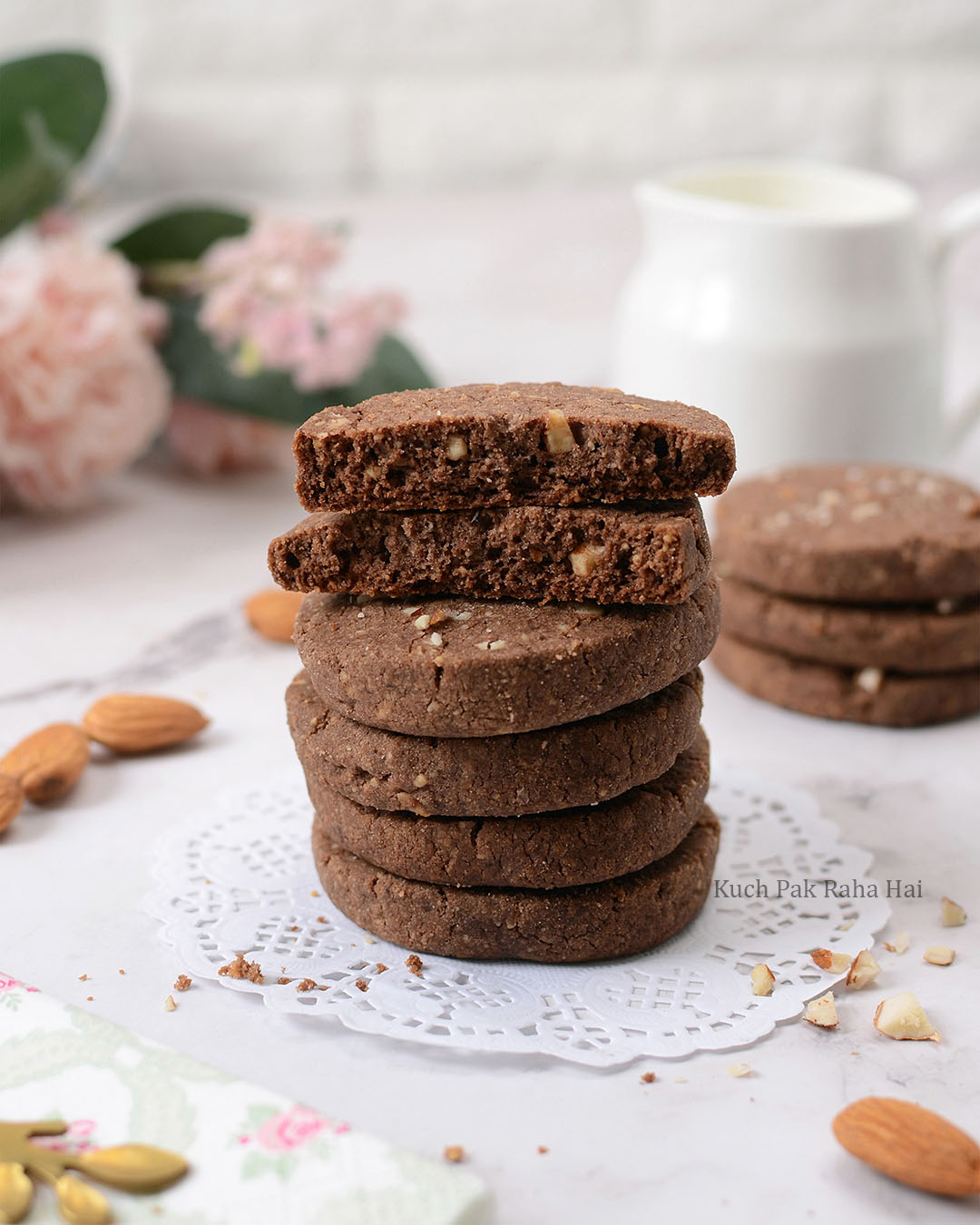 Inside texture of chocolate almond cookie.