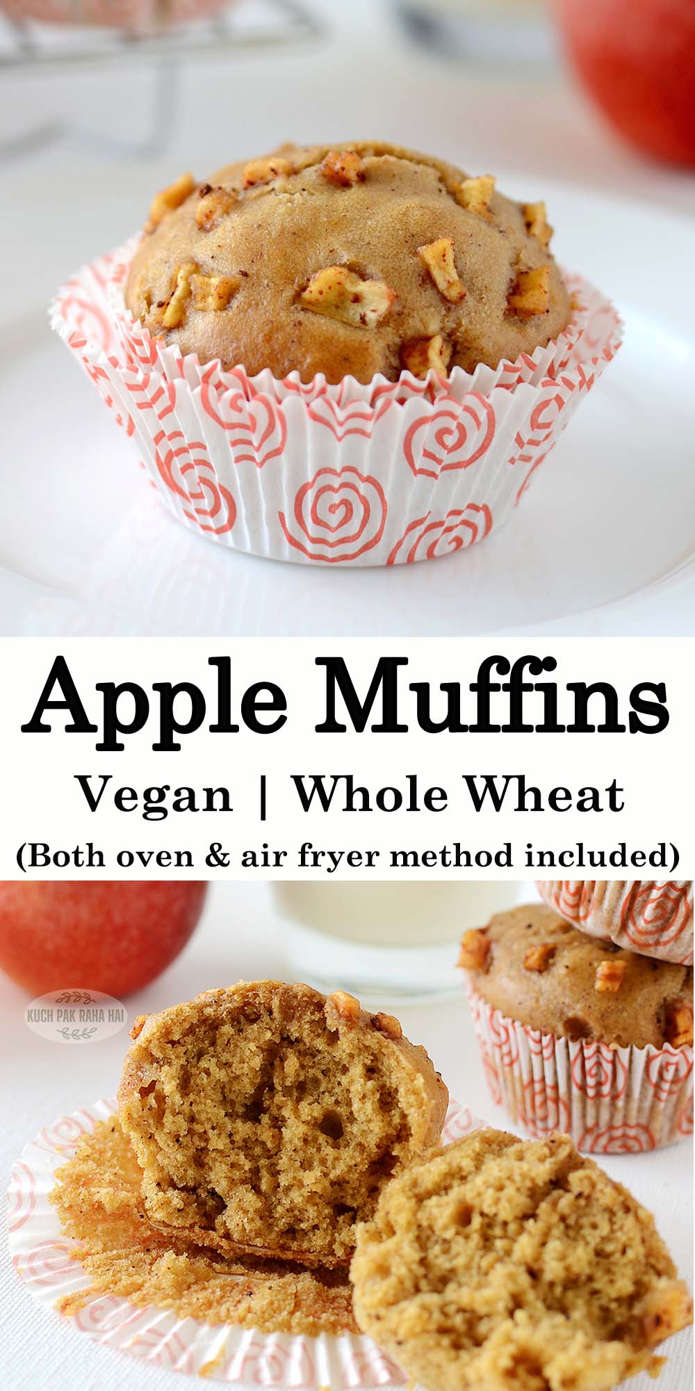 Whole wheat apple muffins vegan recipe.
