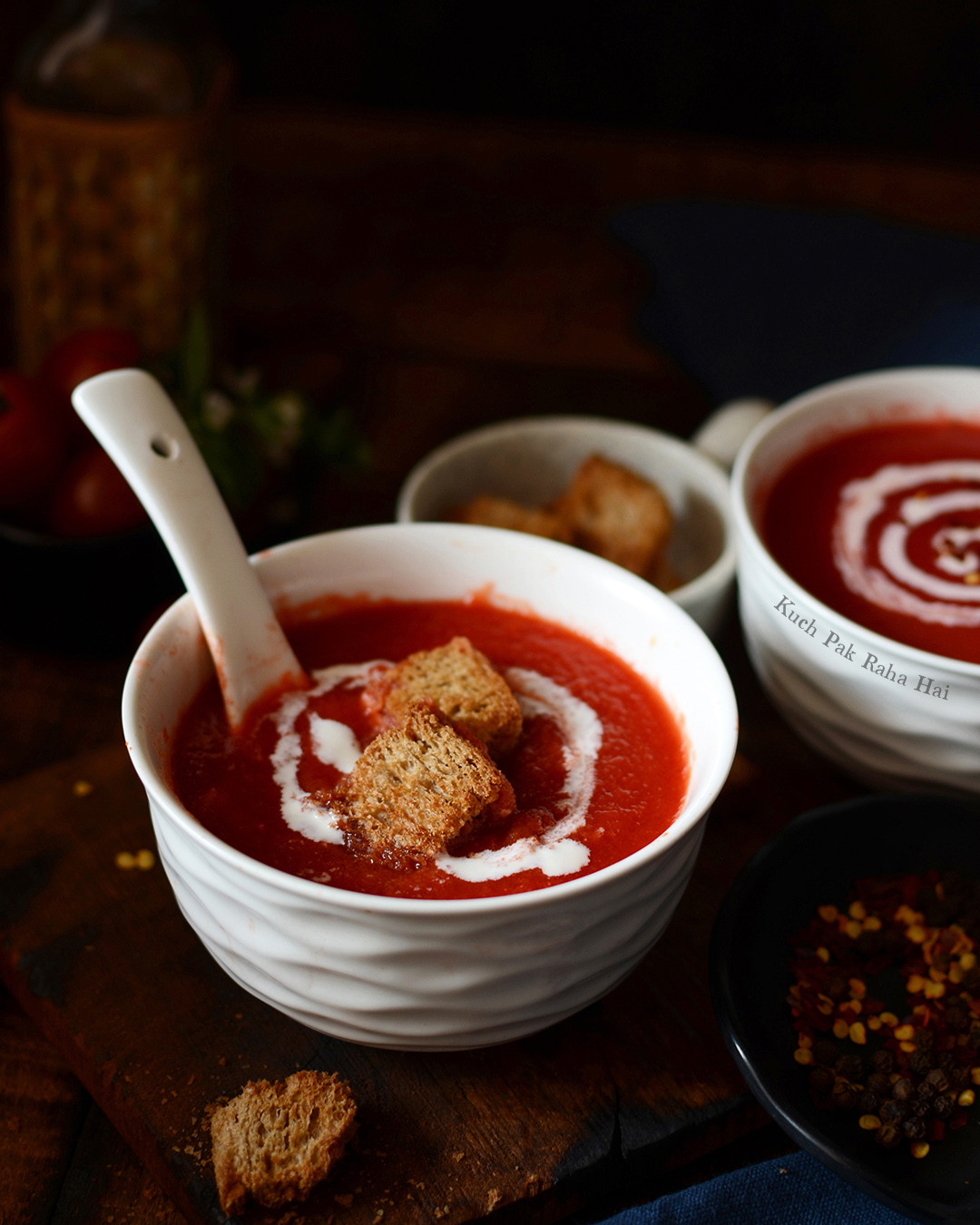 Air fryer bread croutons with tomato soup.