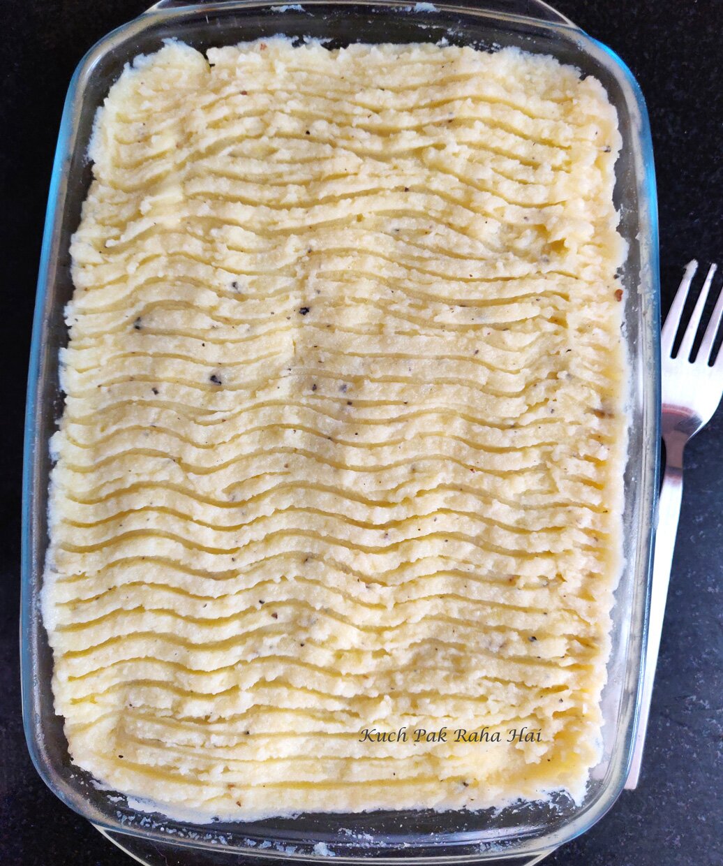 Potato mash layer over soy mince and vegetables.