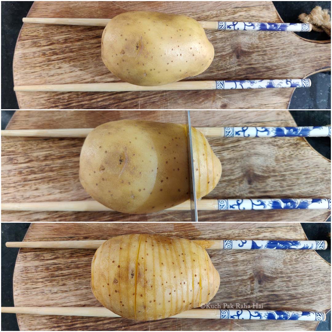 How to cut hasselback potatoes.