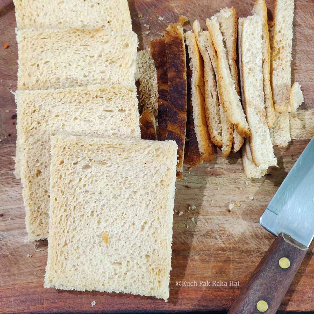 Chopping hard bread sides.