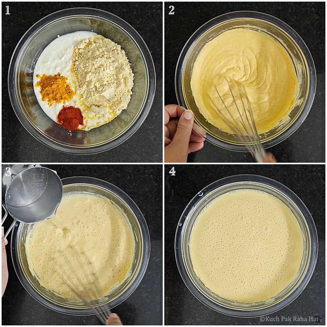 Preparing curd besan mixture.