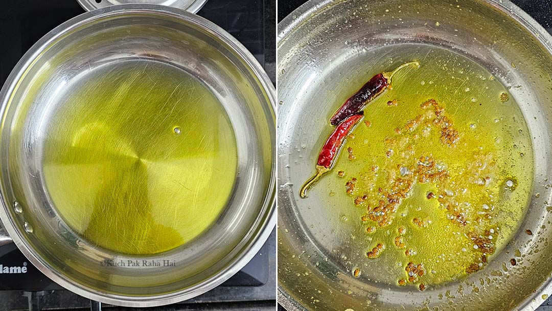 Sautéing spices in oil in a pan.