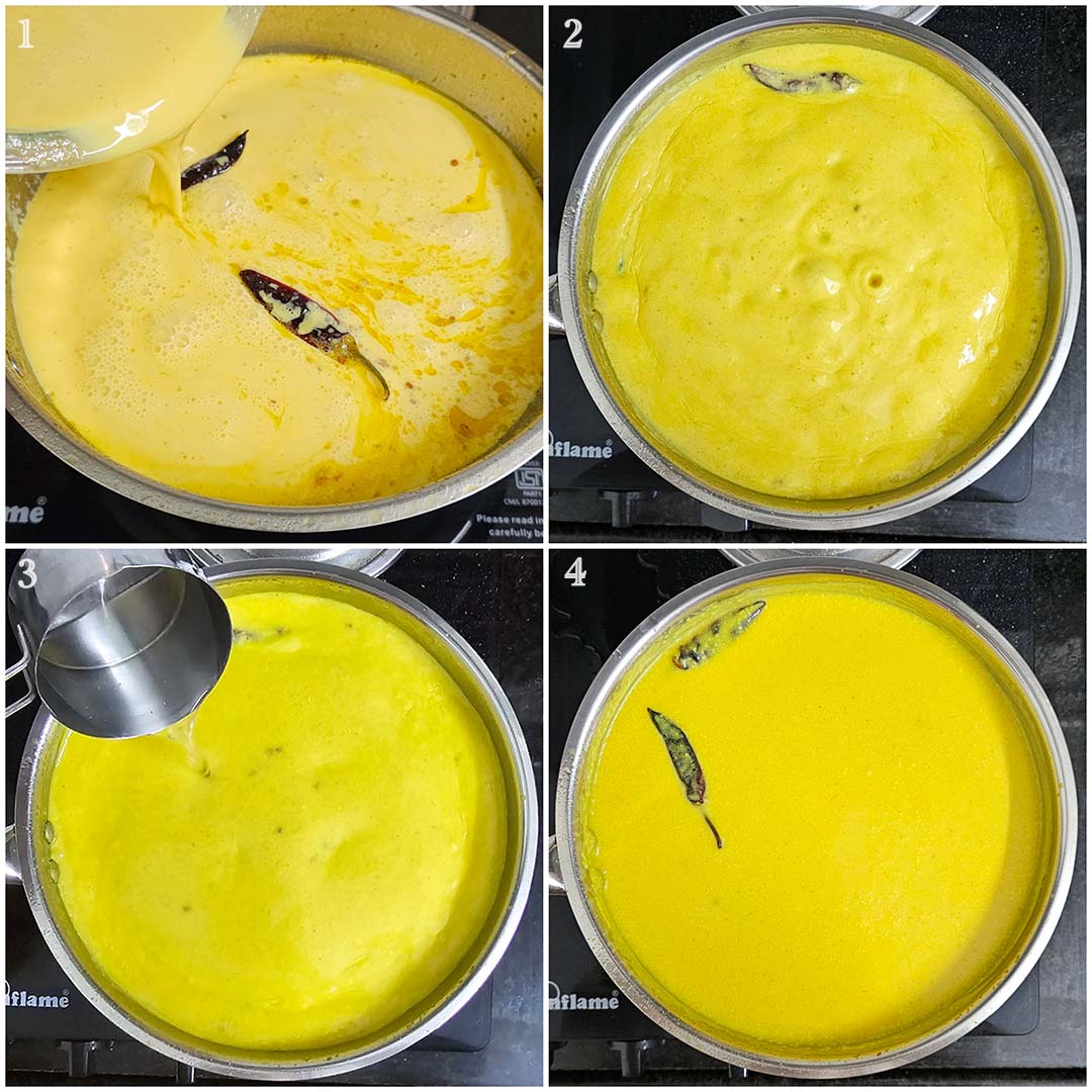 Adding besan dahi mixture to spices.