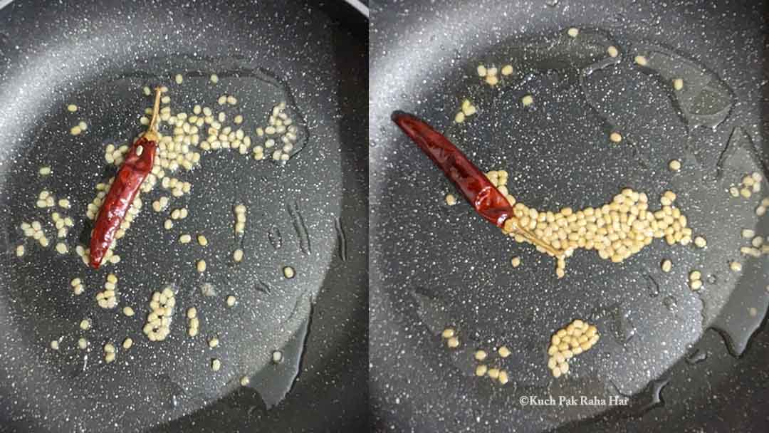 Roasting urad dal & red chillies in a pan.