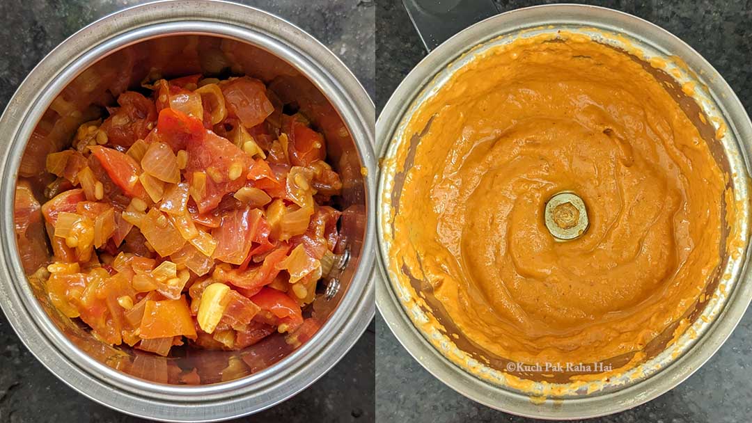 Blending cooked onion tomatoes to make chutney.