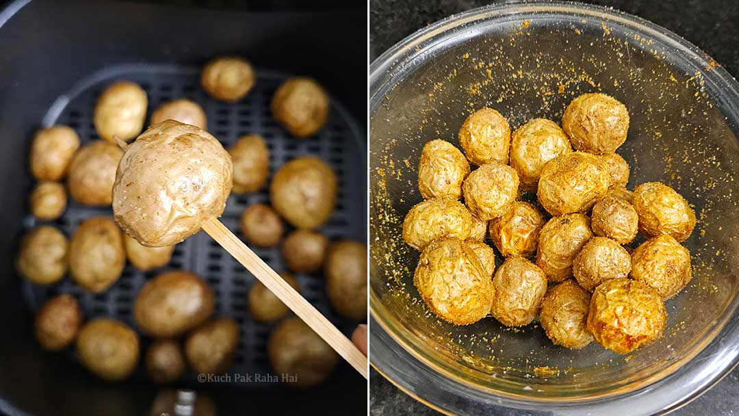 Checking if potatoes are cooked from inside.