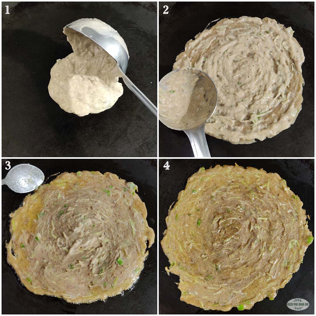 Spreading batter on a pan to make chilla.