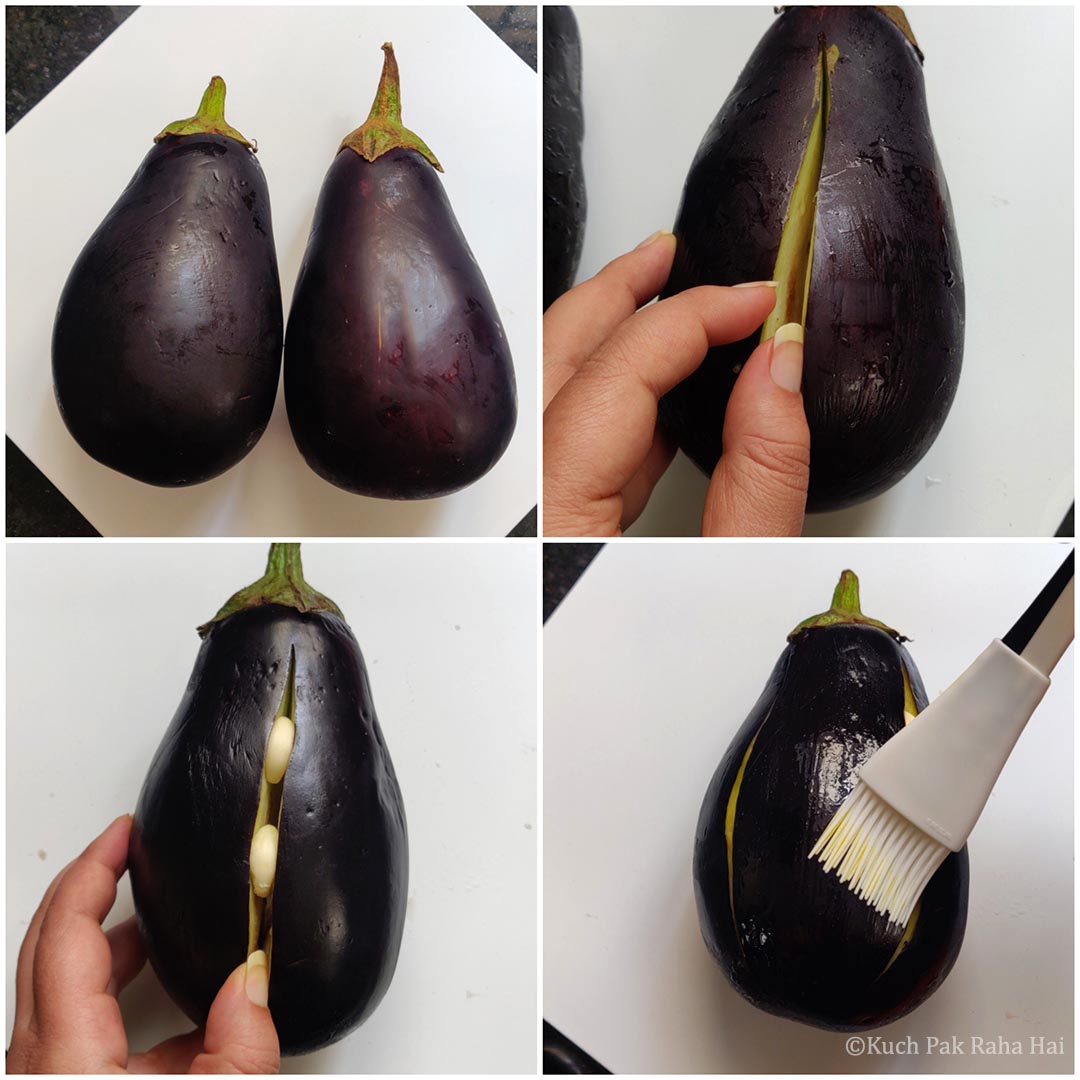 Prepping eggplant for roasting.