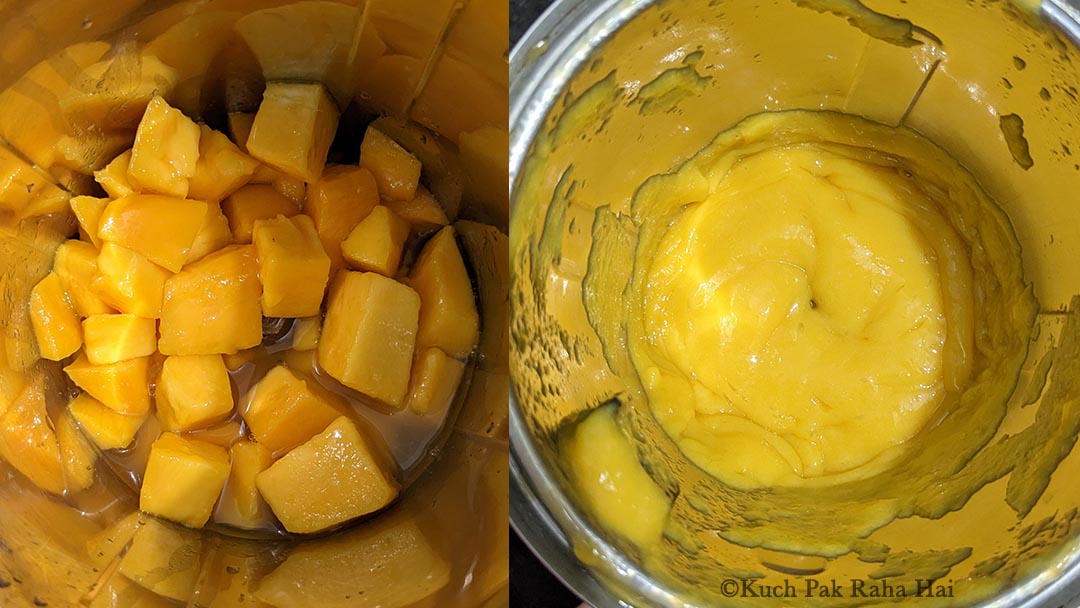 Blending mangoes with honey & lemon juice.