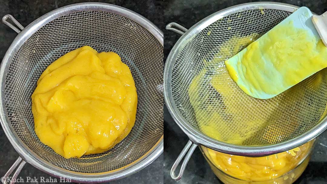 Straining mango mixture.