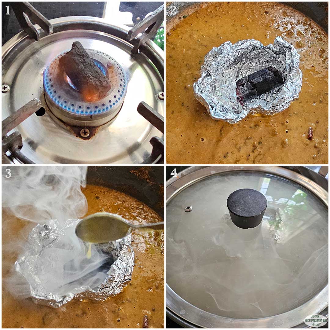 Dal makhani infused with smoky flavour using charcoal.