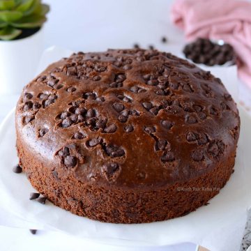 Eggless Chocolate Cake with chocolate chips.