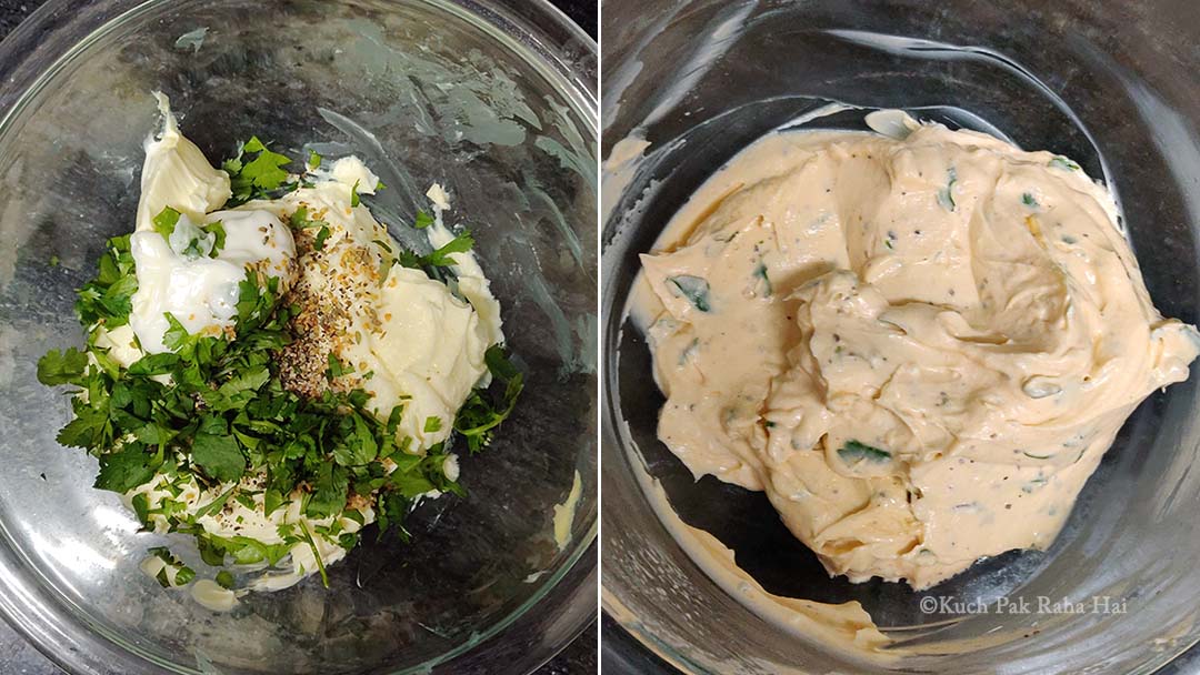 Preparing cream cheese filling for pinwheel sandwiches.