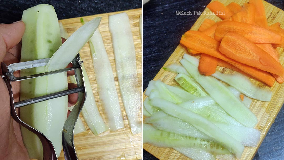 Slicing cucumber carrots using peeler.