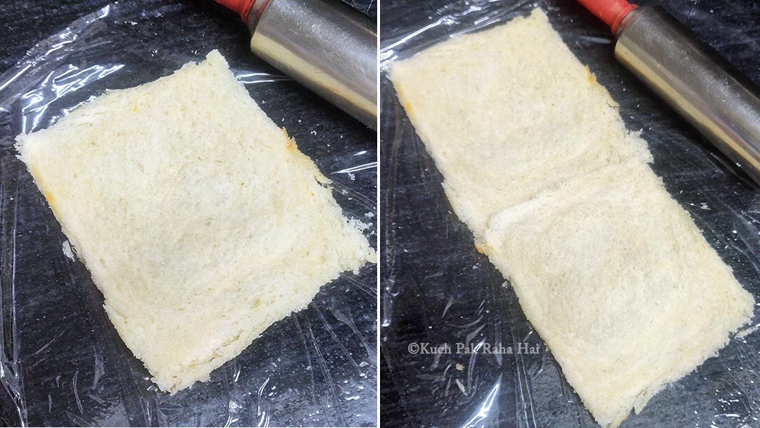 Flatten bread slices with rolling pin.