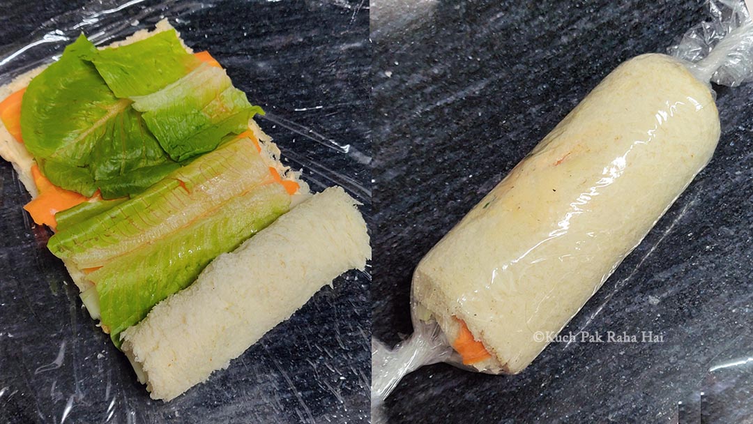 Making bread roll and wrapping in cling film.