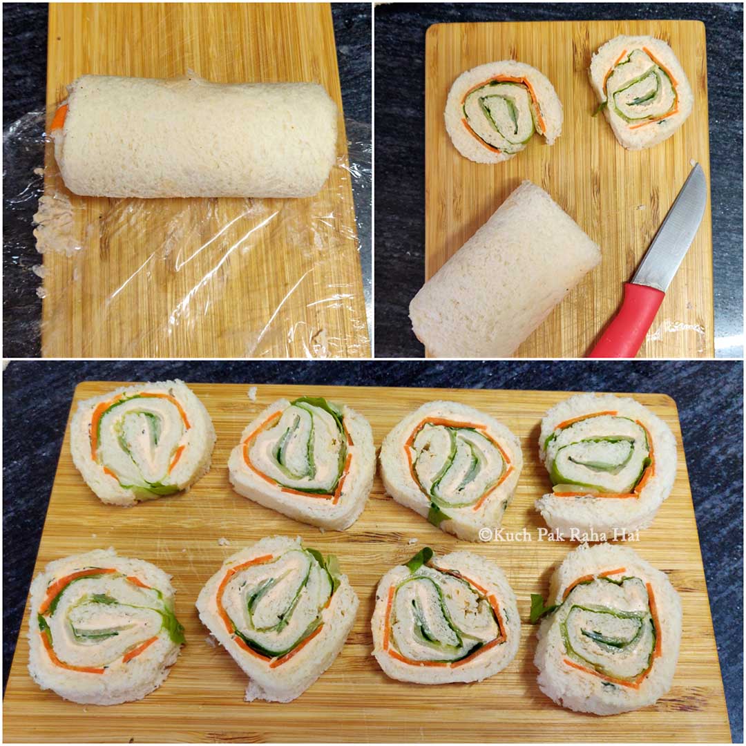 Slicing bread roll to get pinwheel sandwiches.