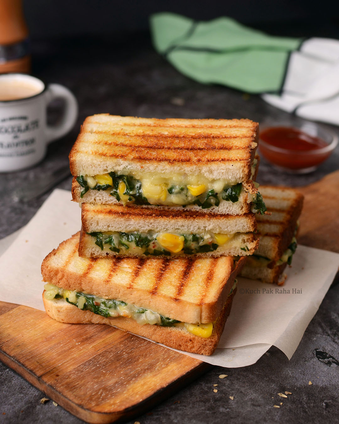 Cheesy Grilled Spinach Corn Sandwich.