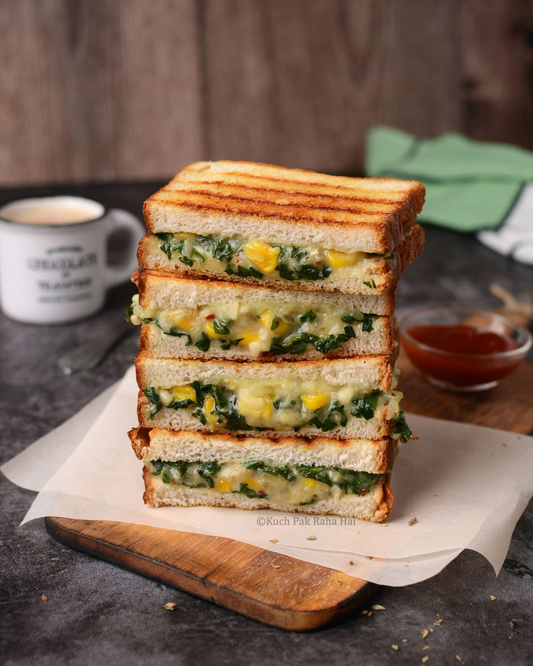 Spinach and corn sandwich stack.