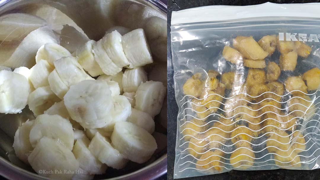 Frozen bananas in ziploc bag.