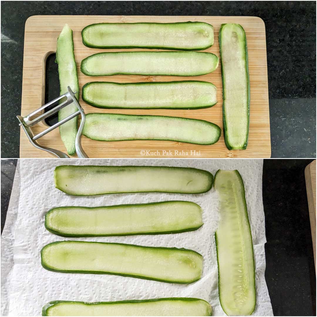 Cutting cucumber strips using peeler knife.
