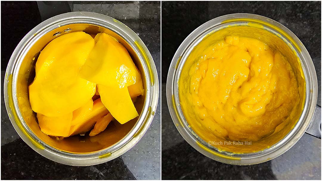 Pureeing mangoes in blender jar.
