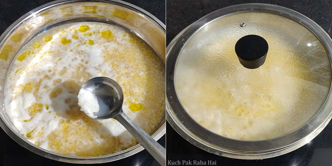 Cooking moong dal in pan.