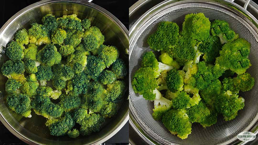 Boiling broccoli florets in a pan.
