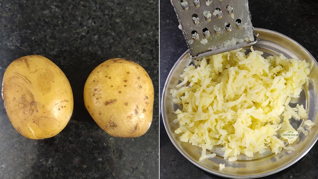 Grating boiled potatoes using a grater.