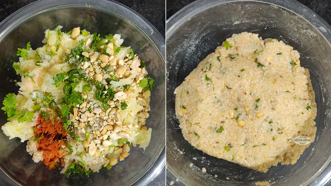 Mixing samak rice, grated potatoes and spices in a bowl.