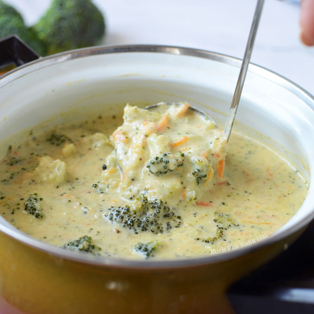 One pot broccoli cheddar soup made on stove top.