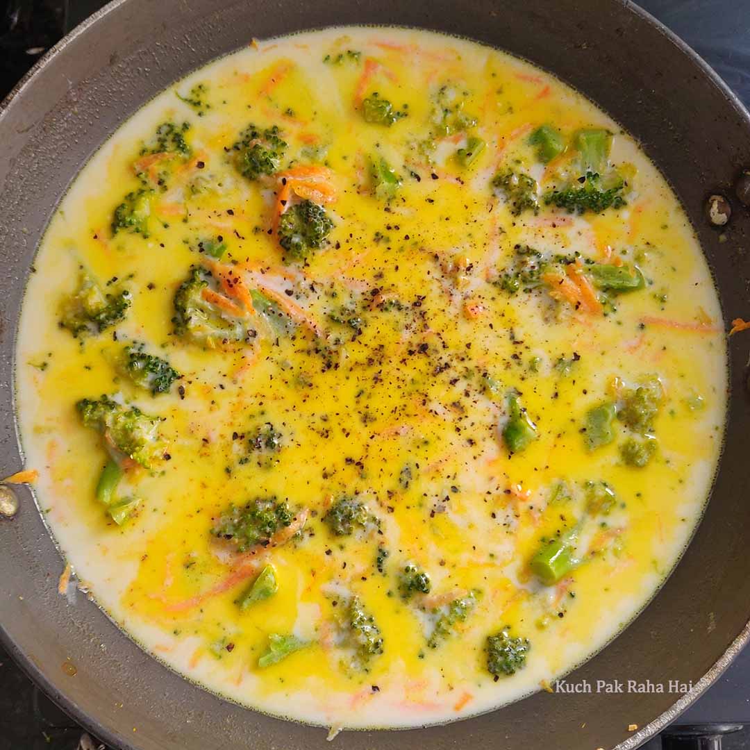 Simmering broccoli cheese soup.