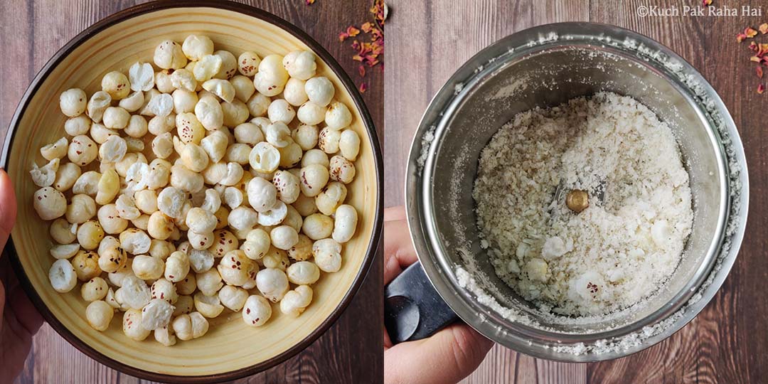 Coarsely grinding makhana.