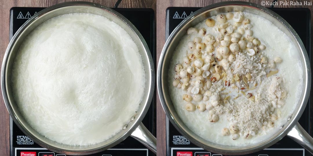 Boiling milk & adding roasted makhana and nuts.