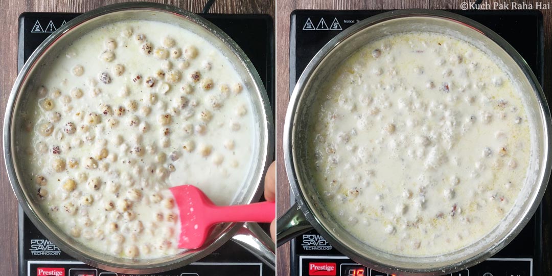 Slow cooking makhana kheer in a pan.