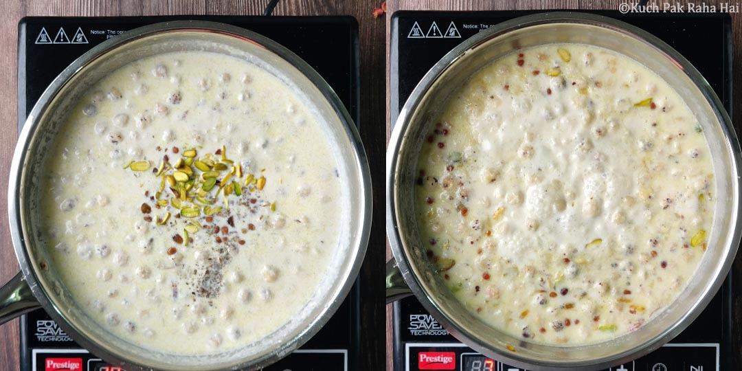 Adding sugar, chironji & raisins to kheer.