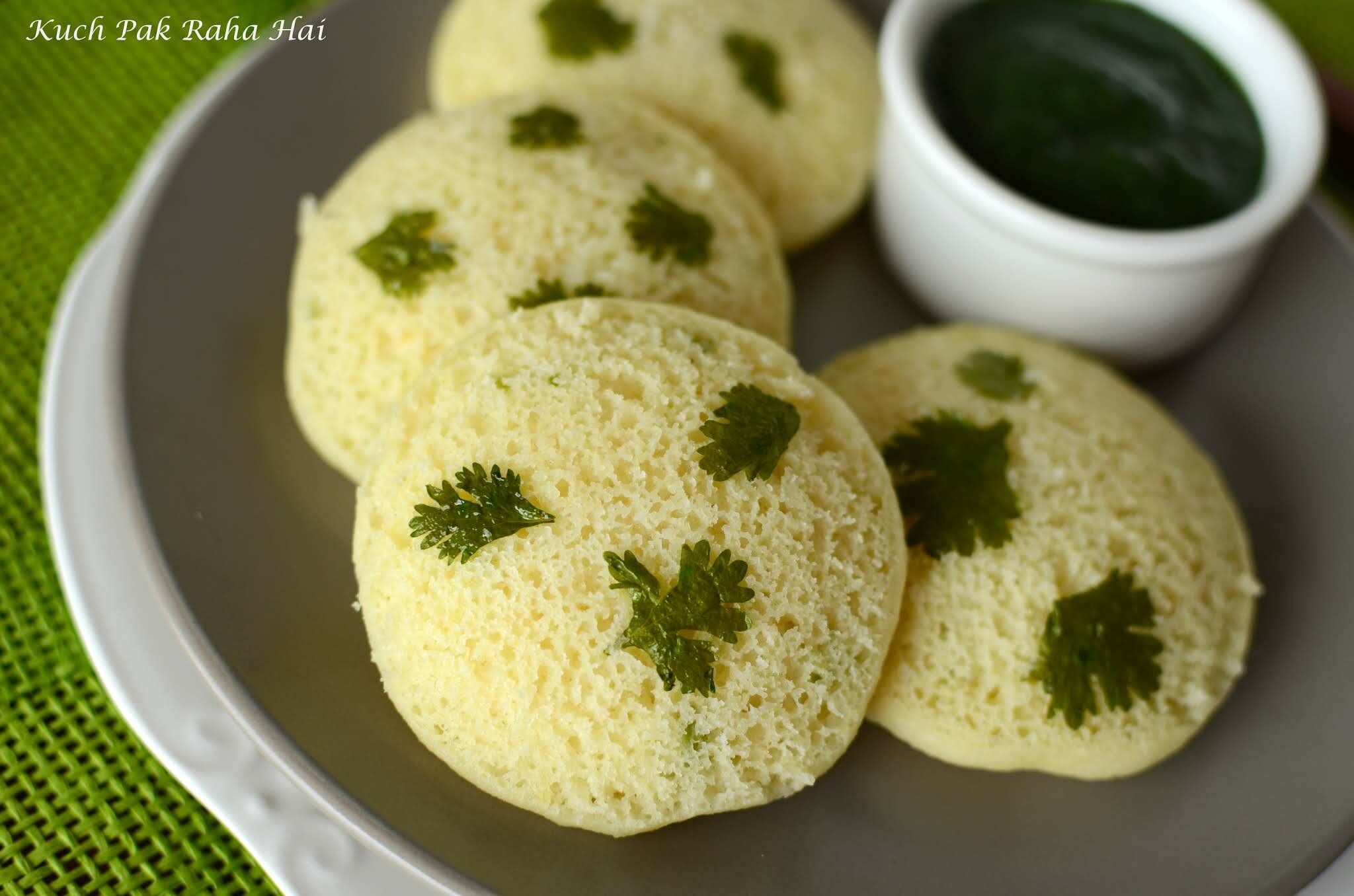 Moong dal idli served with chutney.