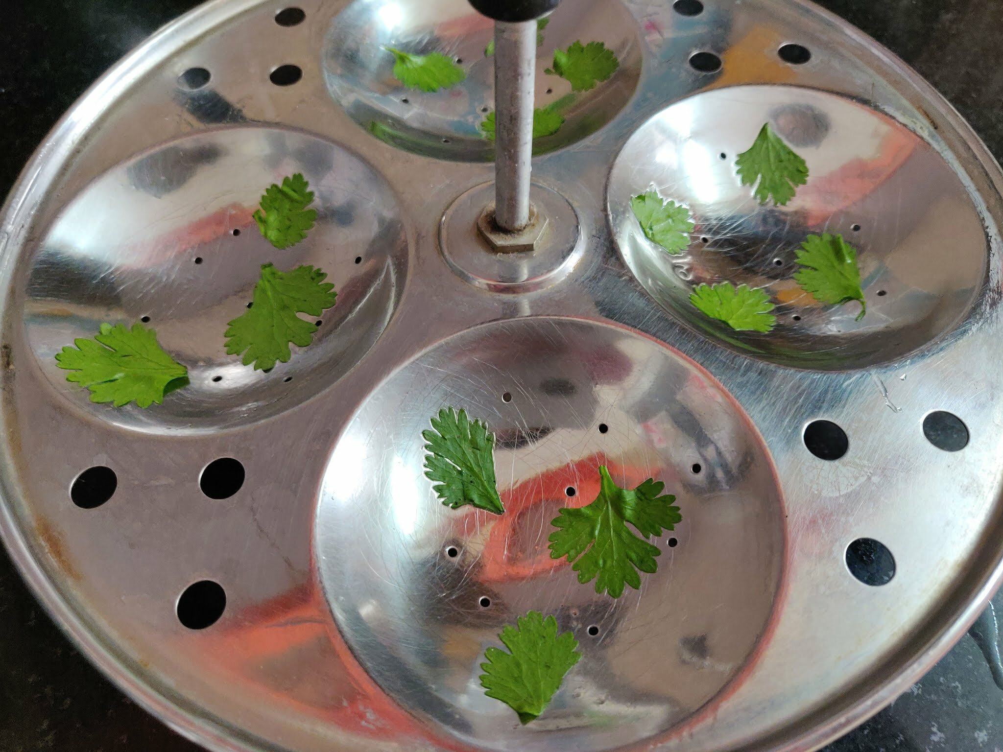 Prepping idli plates.