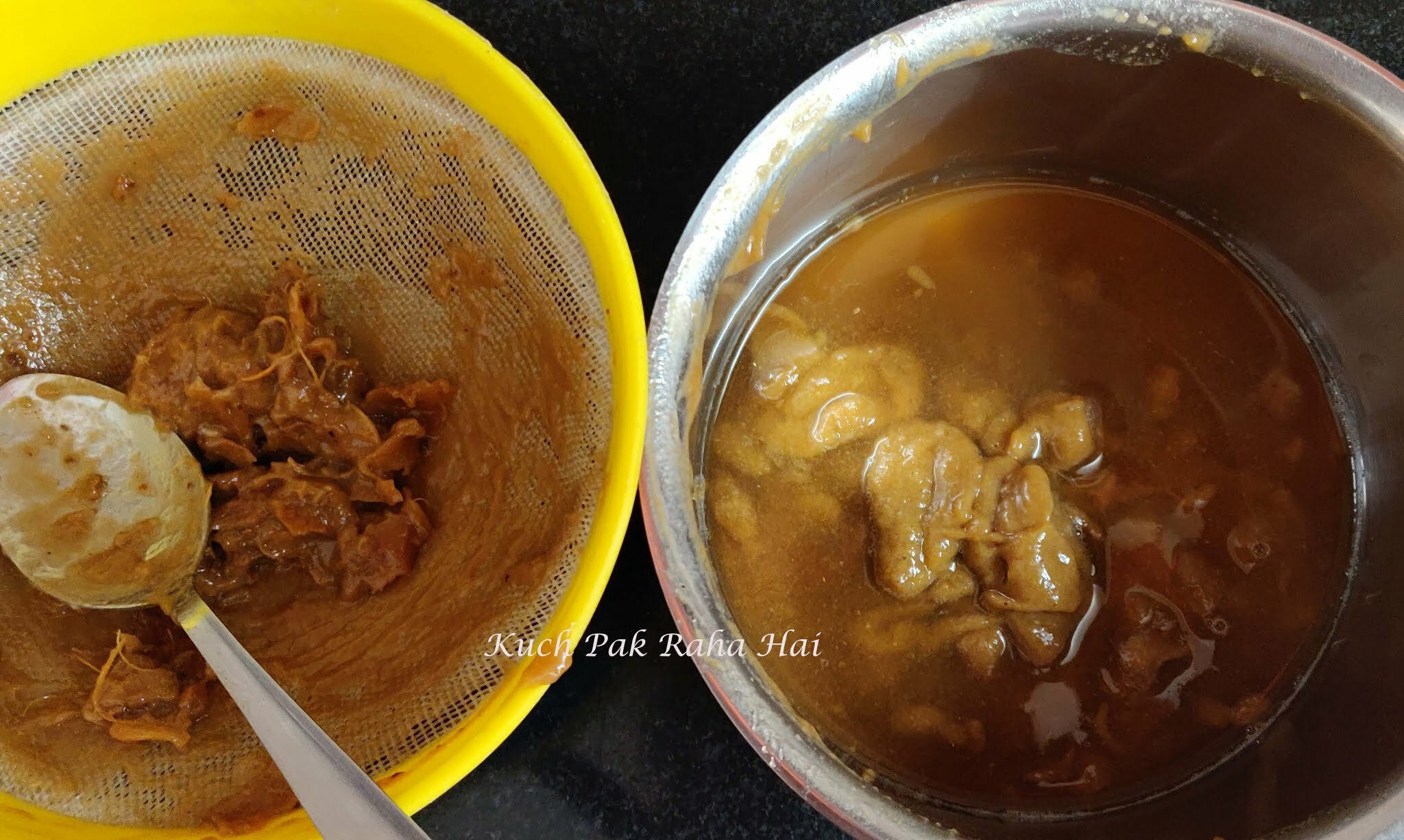 Extracting tamarind pulp.