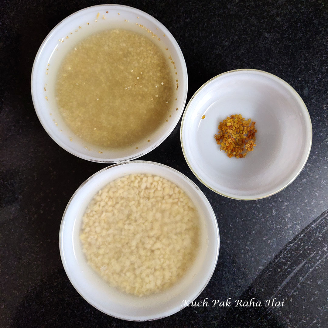 Soaking quinoa and dal in water.
