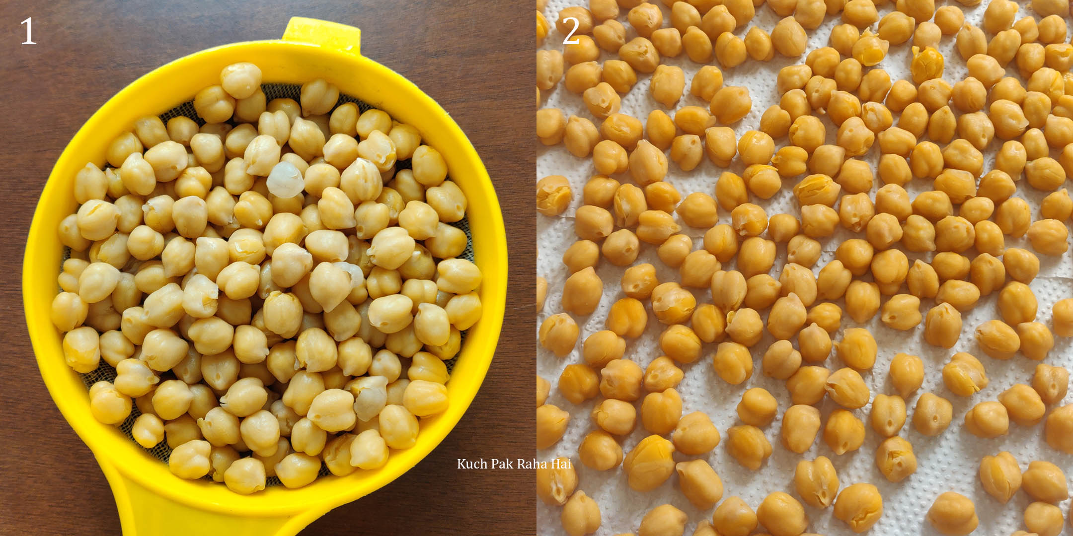 Draining water from chickpeas.