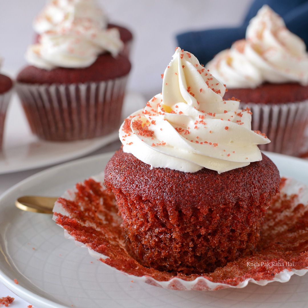 Easy Soft Moist Egg Free Red Velvet Cupcakes with cream cheese frosting