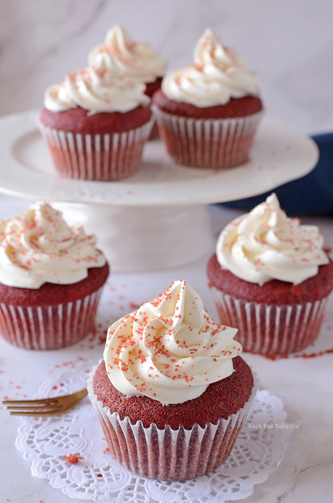 Easy Recipe for Eggless Red Velvet Cupcakes with cream cheese frosting